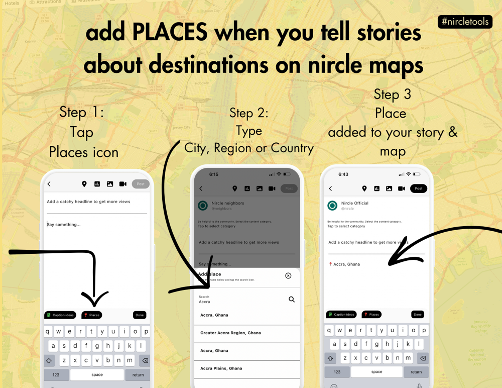 Features of the Places Tool: Adds destination to your post 
