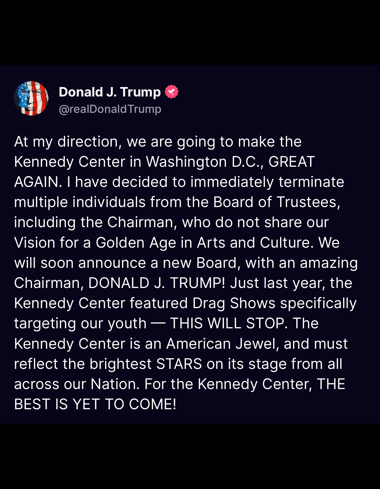 President Trump Removes Kennedy Center Board Members, Announces New Leadership Plan