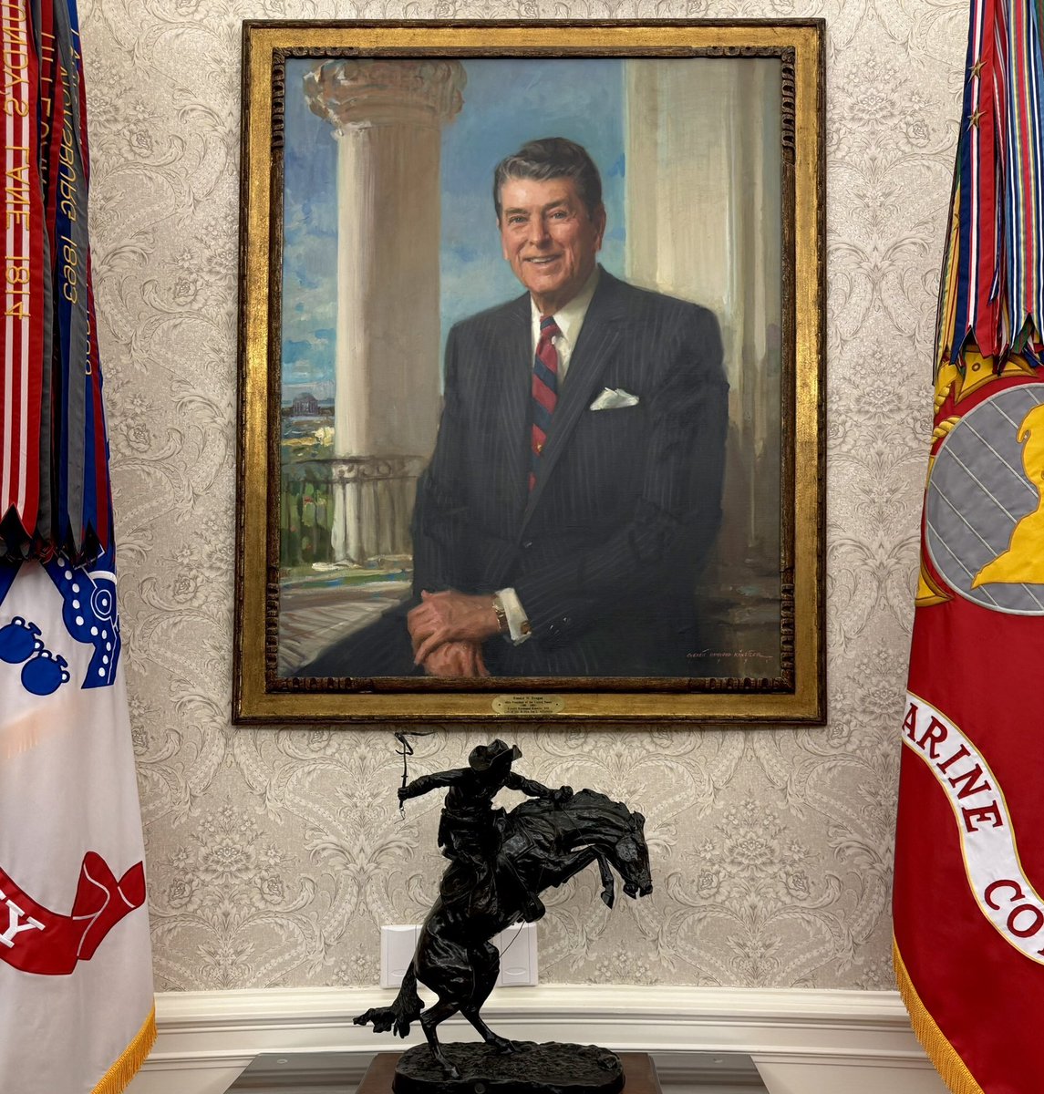 Ronald Reagan’s portrait  hangs in the Oval Office. 
