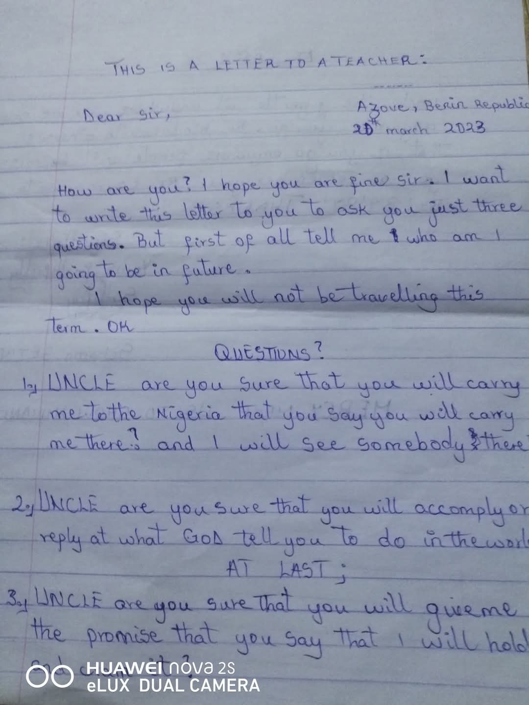 A letter from a little angel of mine to me.